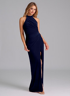 Azazie Jemma Bridesmaid Dresses Dark Navy Sheath Pleated Velvet Dress image4