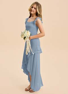 Azazie Junie Junior Dusty Blue A-Line Ruched Chiffon Dress image4