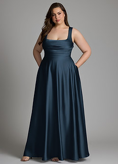 Azazie Azaria Vestidos de madrinha de casamento Vestido Azul Marinho de Cetim elástico de Linha A com Corpete image9