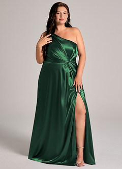 Azazie Brooke Bridesmaid Dresses Dark Green A-Line One Shoulder Metallic Satin Dress image12