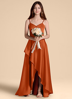 Azazie Prisha Junior Robe Trapèze en Satin extensible Plissée Orange Brûlée image6