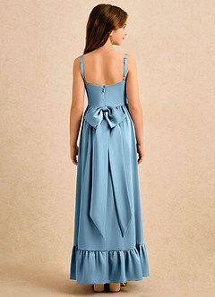 Azazie Maisie Girls Formal Robe Demoiselle D'honneur Fillette Robe Trapèze en Satin extensible Rayé Acier Bleuté image2