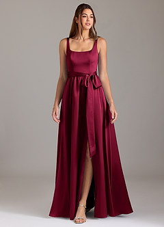 Azazie Elliott Bridesmaid Dresses Burgundy A-Line with Pockets Stretch Satin Dress image3