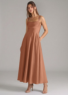 Azazie Shaude Bridesmaid Dresses Bronzer A-Line Pleated Stretch Satin Dress image5