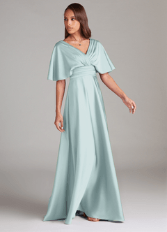 Azazie Pamela Bridesmaid Dresses Mist A-Line Pleated Stretch Satin Dress image2