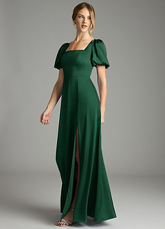 Azazie Fyona Bridesmaid Dresses Dark Green A-Line Pleated Stretch Satin Dress image4
