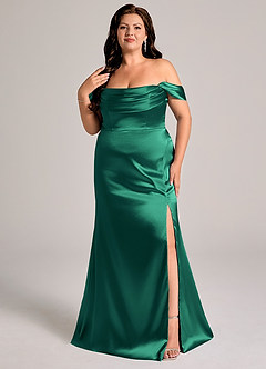 Azazie Saige Bridesmaid Dresses Emerald Sheath Off the Shoulder Metallic Satin Convertible Dress image11
