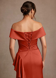 Azazie Kirsty Mother of the Bride Dresses Rust Sheath Off the Shoulder Stretch Satin Dress image7