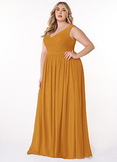 Azazie Keyla Bridesmaid Dresses Butterscotch A-Line V-Neck Pleated Chiffon Dress image8