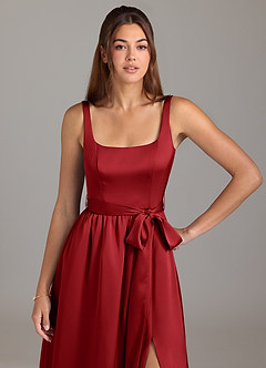 Azazie Elliott Bridesmaid Dresses Pomegranate A-Line with Pockets Stretch Satin Dress image2