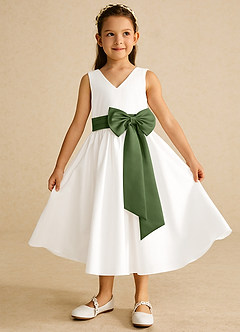 Azazie Darling Flower Girl Dresses Ivory Olive A-Line Bow Cotton Dress image2