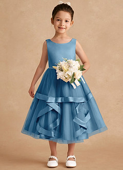 Azazie Posy Flower Girl Dresses Steel Blue A-Line Beaded Tulle Dress image4