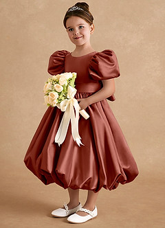 Azazie Jellybean Flower Girl Dresses Auburn Ball-Gown Ruched Matte Satin Dress image1