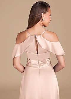 Azazie Dakota Final Sale Rose Gold A-Line Off the Shoulder Metallic Satin Dress image5