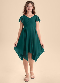 Azazie Janeaurelia Junior Abito A-Line in Chiffon Plissettato Verde Pavone image6