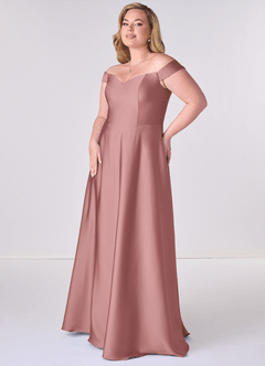 Barbie ♥ Azazie Brudtärnklänningar Klänning av A-Line i Stretch Satin Av axeln Dammig Ros Konvertibel image9