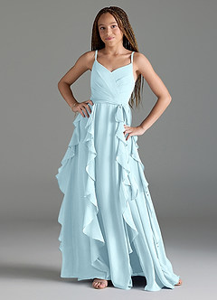 Azazie Peyton Junior Cloud Blue A-Line V-Neck Cascading Ruffles Chiffon Dress image1
