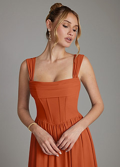 Azazie Caterina Vestidos de damas de honor Vestido Naranja Quemada de Gasa de Línea A con Corsé image3