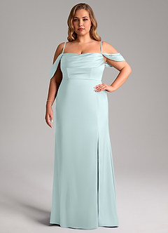 Azazie Saige Bridesmaid Dresses Sea Glass Sheath Off the Shoulder Stretch Satin Dress image15