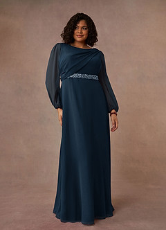 Azazie Priyanka Mother of the Bride Dresses Dark Navy A-Line Boatneck Pleated Chiffon Dress image5