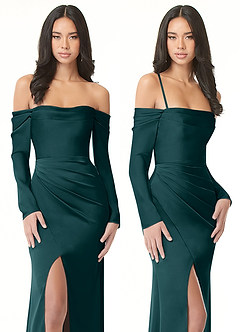 Azazie Hallie Bridesmaid Dresses Pine Sheath Off-The-Shoulder Long Sleeve Stretch Satin Convertible Dress image9
