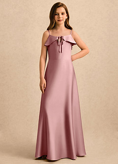 Azazie Kapri Girls Formal Vestidos de florista Vestido Rosa Empoeirada de Cetim elástico de Linha A com Franzido image4