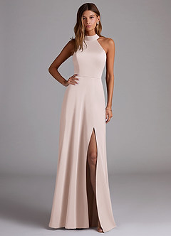Azazie Calianna Bridesmaid Dresses Blushing Pink A-Line Off the Shoulder Stretch Satin Convertible Dress image1