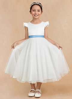 Azazie Hemi Flower Girl Dresses Ivory Steel Blue A-Line Bow Tulle Dress image3