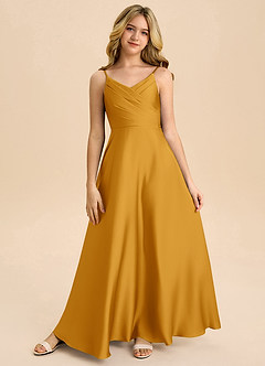 Azazie Bug Junior Butterscotch A-Line Pleated Stretch Satin Dress image5