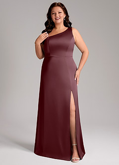 Azazie Phaedra Bridesmaid Dresses Sangria A-Line One Shoulder Stretch Satin Dress image1