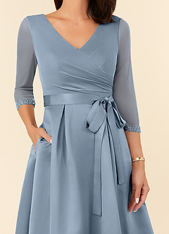 Azazie Maritza Mother of the Bride Dresses Dusty Blue A-Line Pleated Matte Satin Dress image4