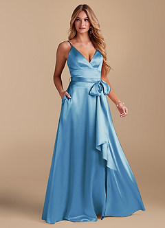 Azazie Sophia Final Sale Steel Blue A-Line with Pockets Metallic Satin Dress image1