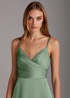 Azazie Calissa Bridesmaid Dresses Matcha A-Line V-Neck Pleated Stretch Satin Dress image5