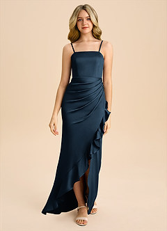 Azazie Buzzy Junior Dark Navy Sheath Pleated Stretch Satin Dress image4