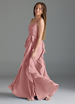 Azazie Peyton Junior Vestido de Rosa Polvorienta de Gasa de Corte En A con Volantes en cascada Cuello en V image4