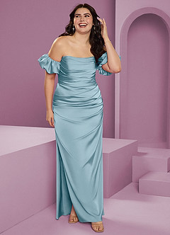 Barbie ♥ Azazie Robes de demoiselle d'honneur Robe Fourreau Convertible en Satin extensible Épaule décolletée Bleu Maussade image12