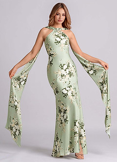 Azazie Kinsley Bridesmaid Dresses Floral Vines Mermaid Side Slit Stretch Satin Dress image1