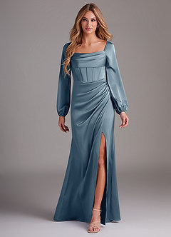 Azazie Charissa At-home Try On Dresses Dusty Blue Sheath Long Sleeve Stretch Satin Dress image1