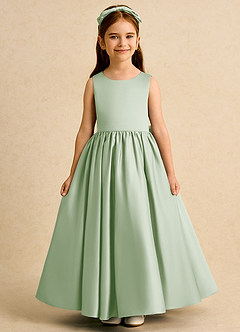 Azazie Nellia Robe Demoiselle D'honneur Fillette Robe Trapèze en Mat Satiné Arc Vert Sauge image2