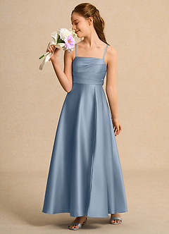 Azazie Pebbles Girl Flower Girl Dresses Dusty Blue A-Line Pleated Matte Satin Dress image5