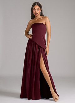 Azazie Adeline Vestidos de damas de honor Vestido de Cabernet de Satén Elástico de Corte en A Convertible con Sin tirantes image1
