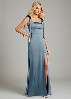 Azazie Frostine Bridesmaid Dresses Dusty Blue A-Line Bow Stretch Satin Dress image5