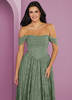 Barbie ♥ Azazie Bridesmaid Dresses Matcha A-Line Off the Shoulder Floral Burnout Convertible Dress image4