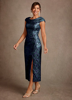 Azazie Alpine Klänningar till brudens mor Klä A-Line i Blommig Jacquard Plisserad Mörk Marinblå image1