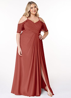 Azazie Dakota Vestidos de damas de honor Vestido de Terracota de Gasa de Corte en A con Cuello en V plisado image14