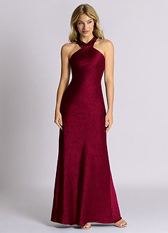 Azazie Doretta 신부 들러리 드레스 쉬스 주름진 자카드 바닥 길이 드레스 image1