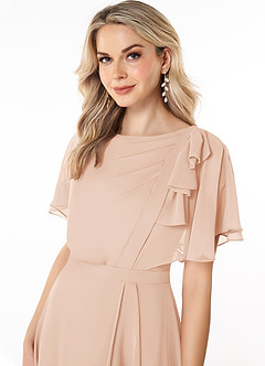 Azazie Aaliyah Bescheiden Bruidsmeisjekleding A-Lijn Bocht Gevouwen Chiffon Vloerlengte Jurk image5
