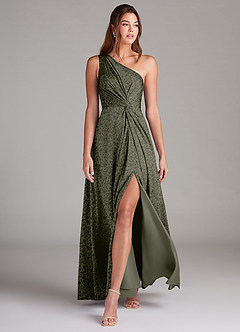 Azazie Brooke Bridesmaid Dresses Willow Green Petite Garden Floral A-Line One Shoulder Stretch Satin Dress image3