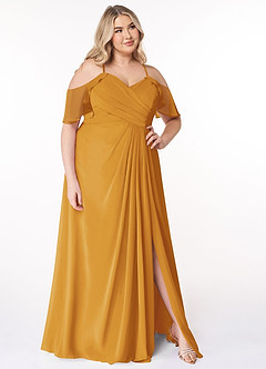 Azazie Dakota Bridesmaid Dresses Butterscotch A-Line V-Neck Pleated Chiffon Dress image14