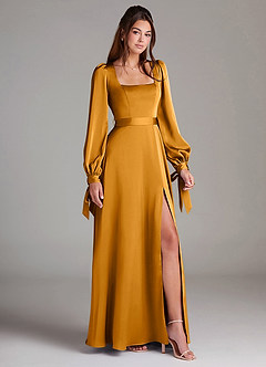 Azazie Leonia Bridesmaid Dresses Butterscotch A-Line Long Sleeve Stretch Satin Dress image3